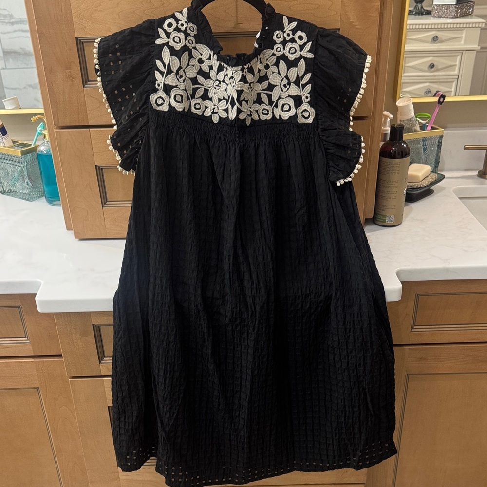 THML Black Dress with Cream Floral Embroidery